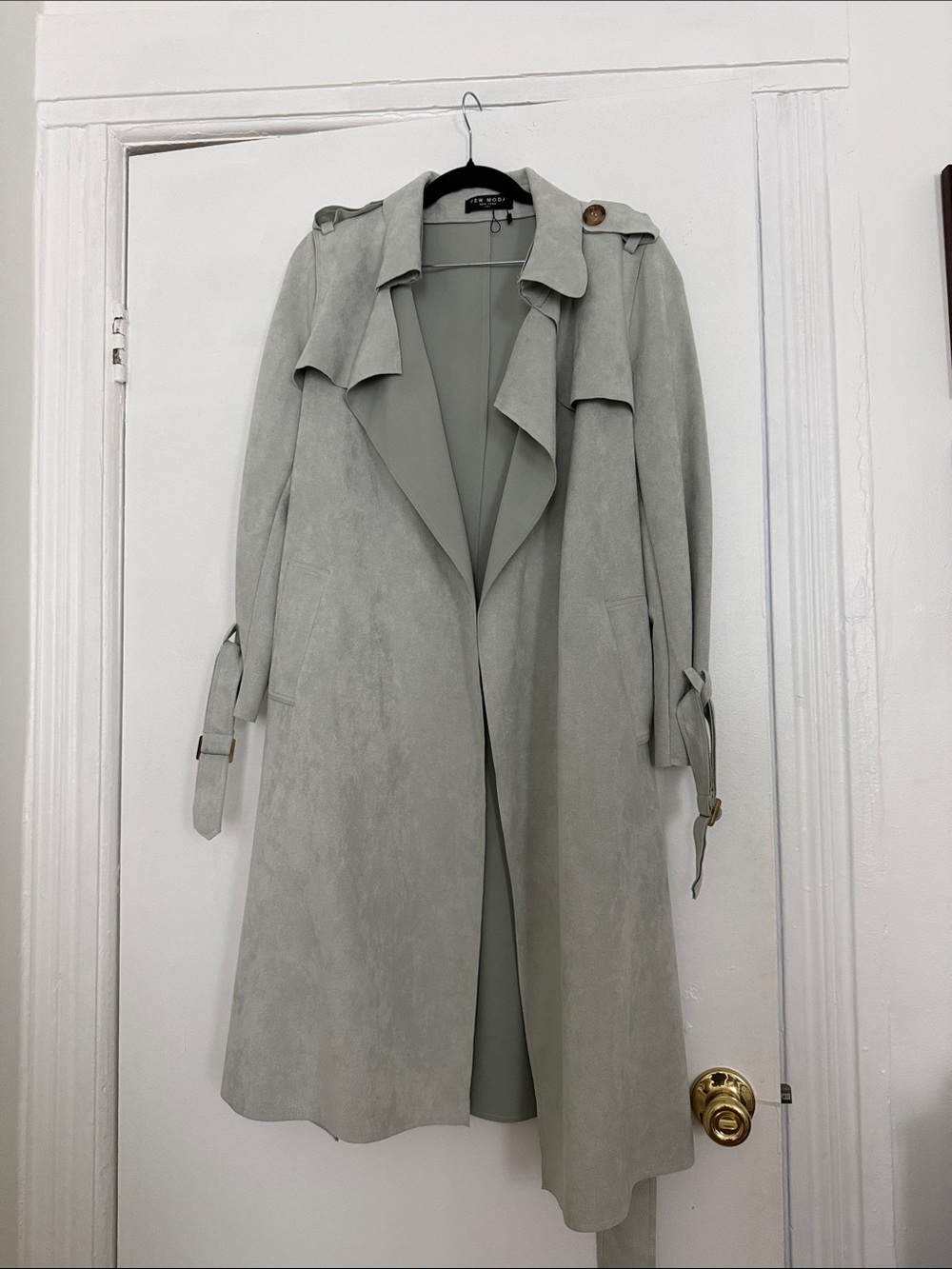 Light Blue Gray Faux Suede Trench Coat - Women's Long Duster Jacket